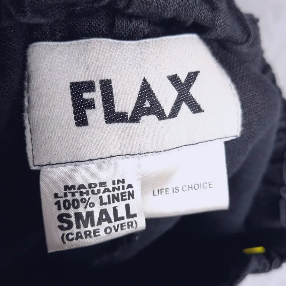 FLAX DESIGNS Black Linen Wide Leg Floods Pant Sz S Pull On Pockets Relaxed Ankle